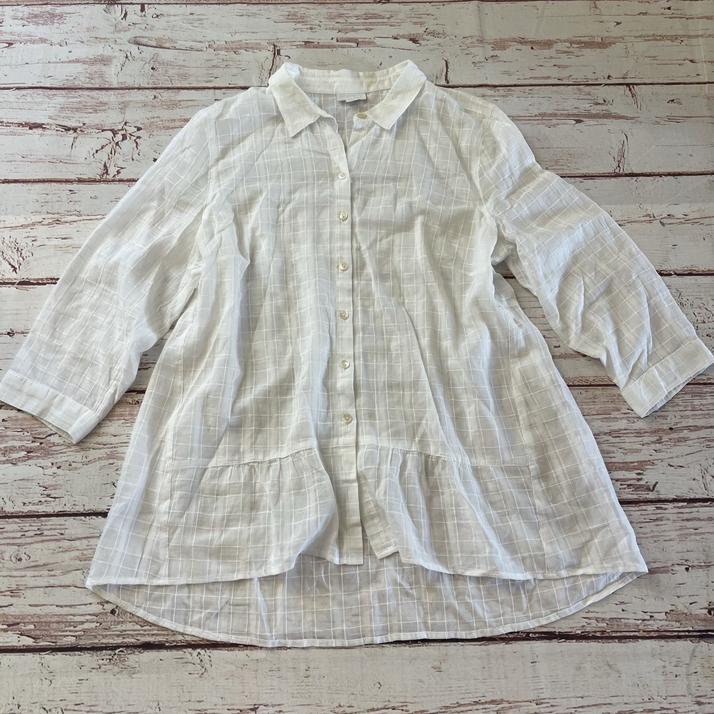 J.Jill Sheer Button Front Window Pane Peplum Shirt L Textured Minimal Lagenlook